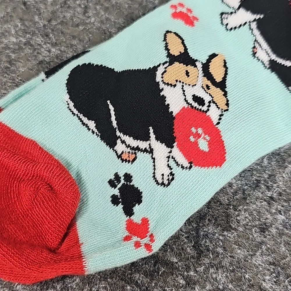 Colorful Corgi Dog Print Socks, 3 Pk, Black Pink Aqua, One Size, New Without Tag